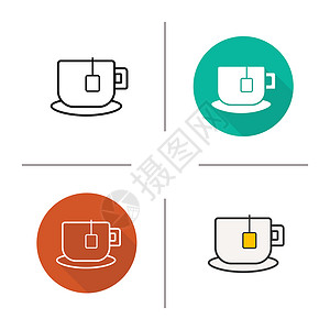 杯子图标茶杯图标平板设计直线和颜色样式茶袋盘上的杯子孤立矢量插图背景
