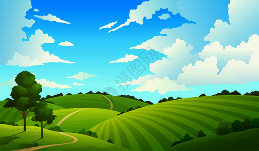 夏季田地景观自然山蓝色天空阳光插画高清图片