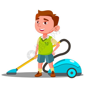 撒水扫地车有吸尘器的小男孩帮助做家用清洁媒介请举例说明有吸尘器的小男孩帮助做家用清洁媒介插画