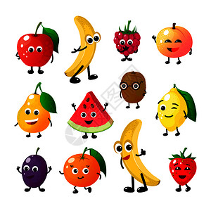 动画樱桃小丸子快乐苹果香蕉莓蜜桃梨子柠檬草莓卡通表情插画