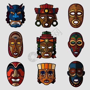 非洲的ftvod部落面具和incasoutha美洲的文化图腾符号矢量组非洲的蒙面纪念品伏都传统面孔图示非洲的美洲的文化图腾符号矢背景图片