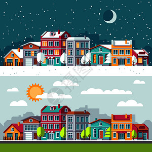 城市景观街道冬季和夏景房屋平面矢量图图片