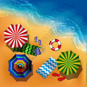 户外毛巾海滩沙和雨伞的顶端矢量说明夏季背景带彩色雨伞的夏季沙滩浏览海滨插画
