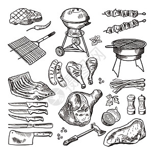 牛排手机端模板手绘黑白烧烤香肠野餐元素插画