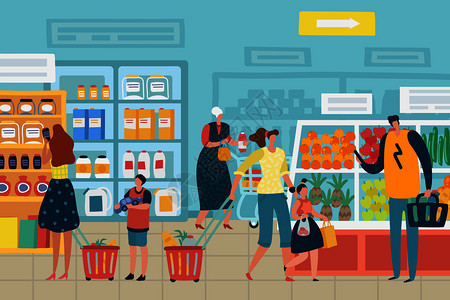 幸福购物超市购物顾客选择食品矢量插画插画