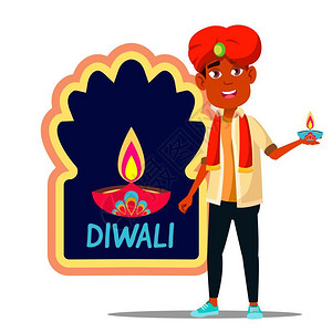 印裔男孩头巾上带有diwal横幅矢量的印裔男孩插图图片