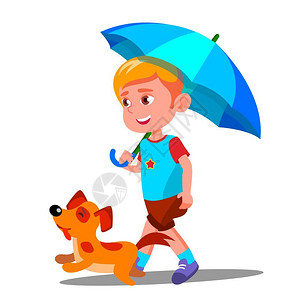 打着伞遛狗的小男孩卡通矢量插画背景图片