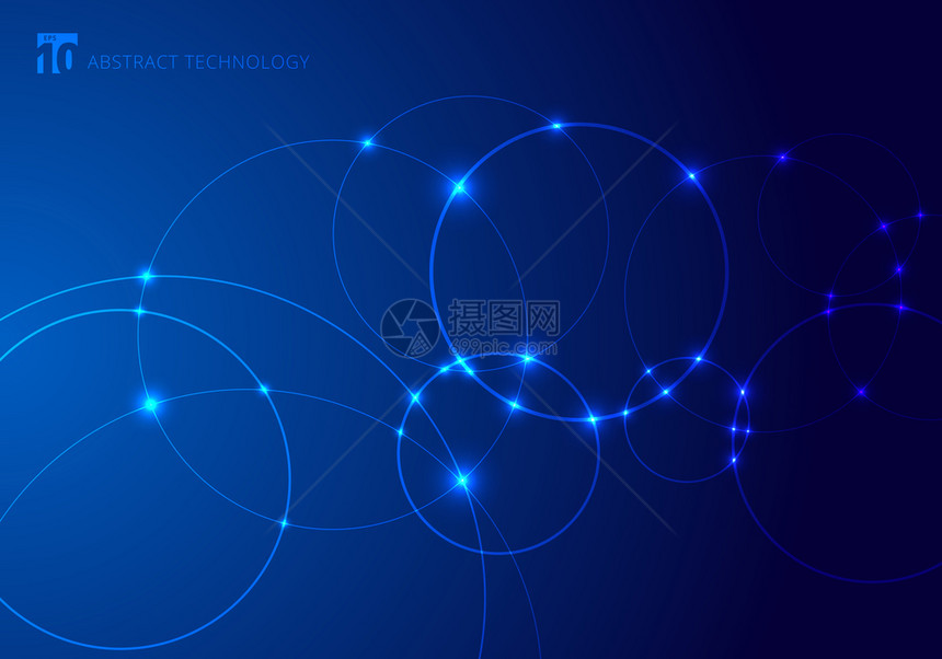蓝色背景技术风格上重叠的抽象圆和点未来概念节点分子结构科学和连接带有文本复制空间的横幅网络矢量说明图片