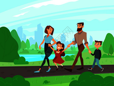 周末夏日公园快乐的卡通一家人一起户外散步图片