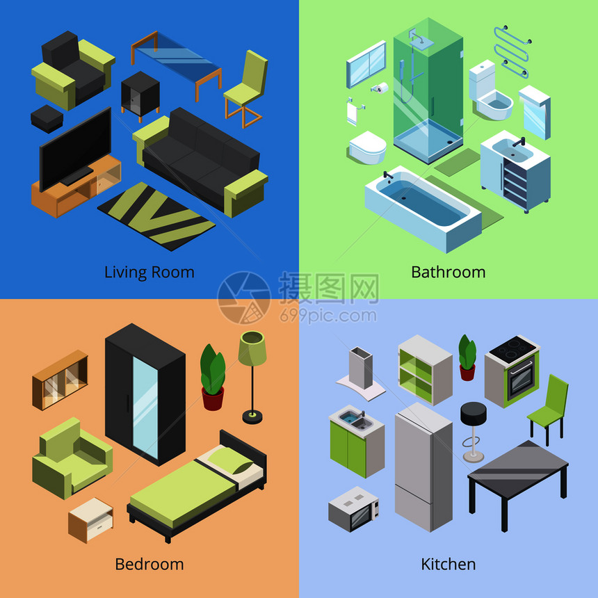 厨房卧室起居和浴的矢量等图示家中客厅的室内等量图示现代家庭房间的具各套不同厨房起居室和浴的矢量等图示厨房起居室和浴的矢量等图示图片