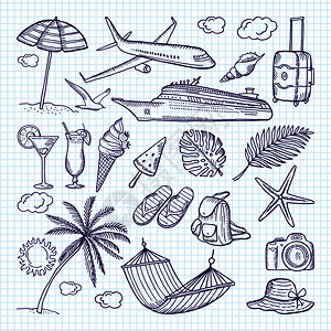 夏季手绘太阳伞背包和其他有趣的假期符号矢量涂鸦元素图片