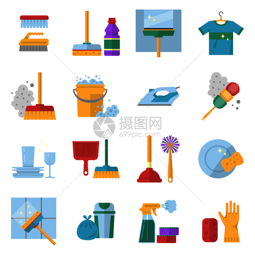 清洁服务符号卡通风格不同彩色工具清洁桶和拖把手套海绵刷子肥皂设备矢量说明刷子和肥皂图片