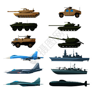飞机设备军用战舰和武装车辆飞机船只示意图插画
