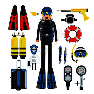 潜水工具水下运动设备煤气水下潜衣和脚踏板下设备面具和潜水器下和游泳矢量说明水下潜器衣和脚踏板插画