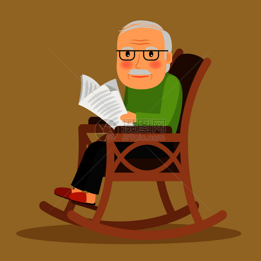 老人坐在摇椅上看报纸矢量说明老人坐在摇椅和报纸上图片