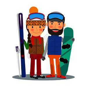 带高山滑雪和板的年轻幸福夫妇滑雪和人员矢量说明带滑雪和板的年轻夫妇图片