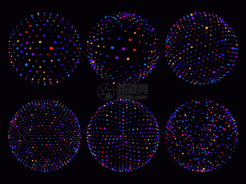 蓝色紫红黄青元素圆点或粒子轨道的多彩科学原子范围用于紫色背景未来图表矢量说明的几何数字三维网格范围科学原子范围圆点或粒子轨道未来图片