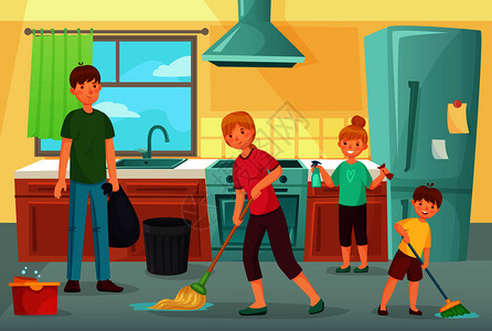 人在厨房一家人在做家庭清洁插画