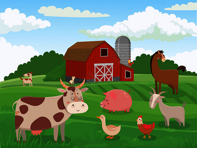 饲养牛和马的卡通农场图片