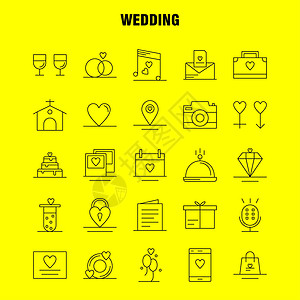 婚礼图标为信息图移动uxi包和印刷设计定的婚线图标包括袋手提爱移动手机麦克风图标集矢量背景