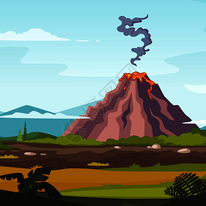 山灰柴火山和熔岩的野外景观游戏设计项目卡通背景火山爆发观自然病媒说明插画