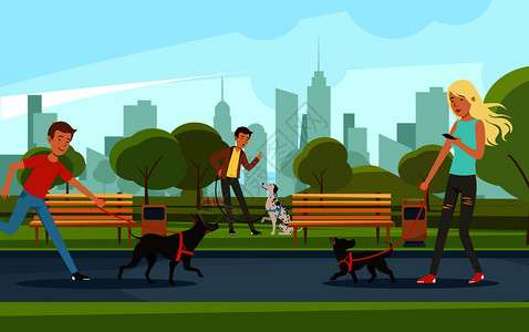 漫步公园城市公园中与狗一起行走的人设计图片