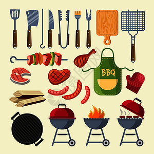 烧烤各种特殊工具和食物矢量插图背景图片