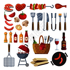 烧烤各种特殊工具和食物矢量插图背景图片