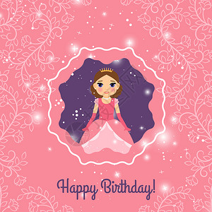 与仙女公主一起欢乐的粉红生日和紫色贺卡矢量说明生日快乐粉红公主贺卡图片