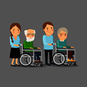 社会工作者与老年男女一起漫步轮椅社会护理病媒说明社会工作者与老年人一起漫步轮椅插画