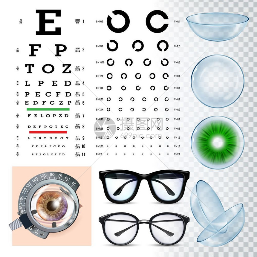 眼科工具视力检查设备矢量眼科附件测试镜片和科医生访问视力检查现实的图解视力检查设备矢量图片