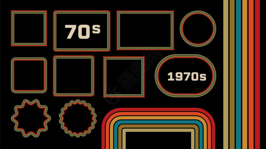 1970年代风格博物馆图片框矢量集趋势1970年代古老的艺术装饰边框具有多色线几何形状的反向背景70年代平面图具有复制空间背景图片