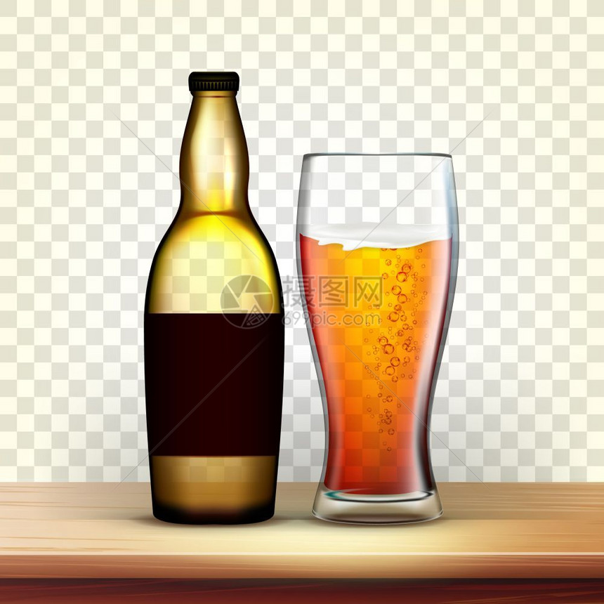 装有冷啤酒矢量的现实瓶和玻璃空封闭产品包装广告的模拟板空白透明网格背景上孤立的图像3d插图装有冷啤酒矢量的现实瓶和玻璃图片