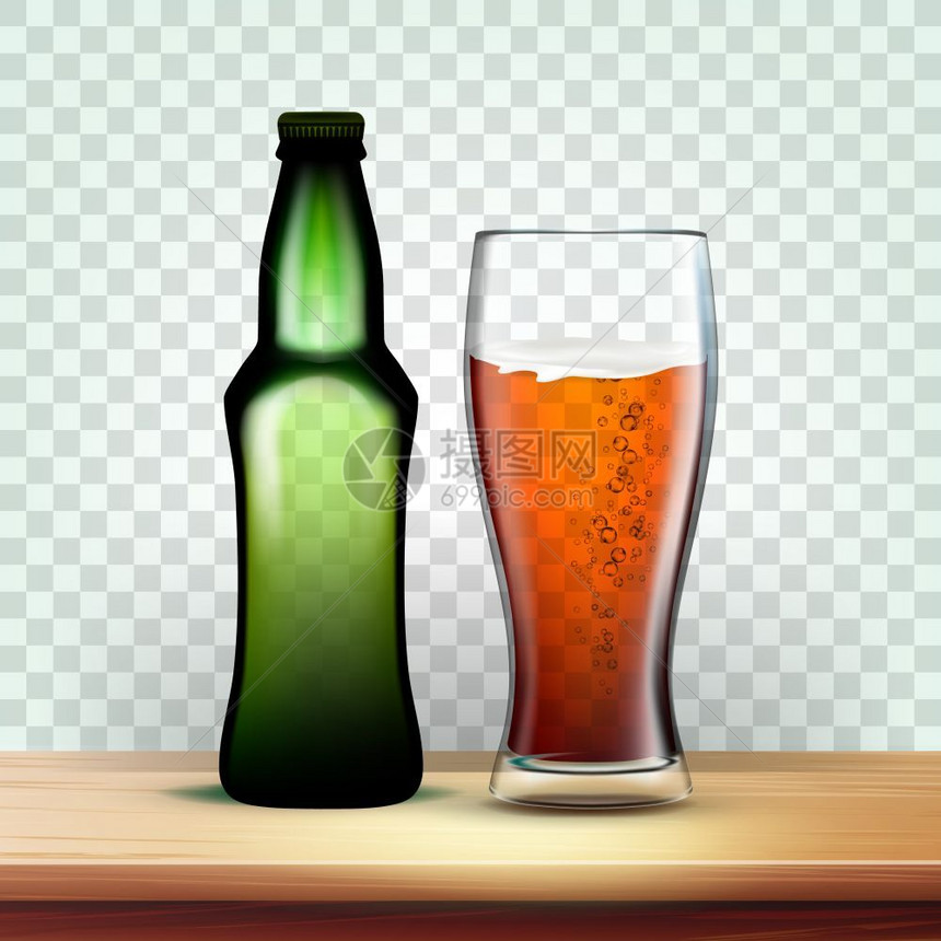 3d啤酒瓶和装满啤酒的杯子矢量设计元素图片