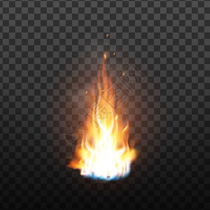 粒子照射动画以火花效应矢量燃烧的动画火焰红色燃烧热闪烁着火加上烟雾和焰发光颗粒透明网格背景上的多彩图像3d插图动画燃烧着火加上花效应矢量插画