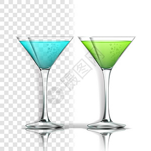 拉古纳含酒精鸡尾矢量的现实玻璃蓝色拉宽和脱氧有机绿色混合能源酒精饮料与透明网格背景隔绝3d插图插画