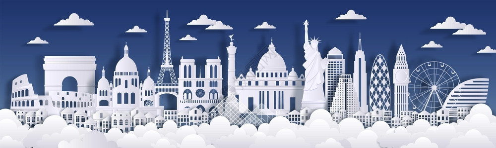 孟买纸切路标旅行世界背景天线广告卡帕里斯隆登罗马大楼的环影矢量城市景观插图纸切路标旅行世界背景巴黎矢量城市风景插画