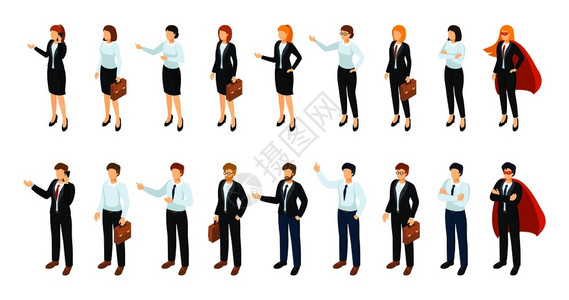 办公室雇员3d个人物不同的男子和妇女站着交流矢量专业工作者示意图设置矢量工人设置背景图片