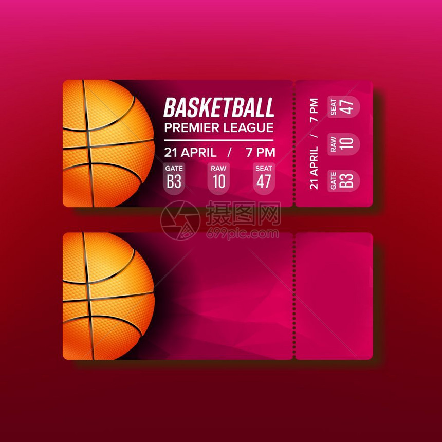 在篮球比赛矢量上截断票优惠券看到篮球首届锦标赛冠军的时装卡片饰橙色比赛球和场地信息现实的3插图在篮球比赛矢量上截断票优惠券图片