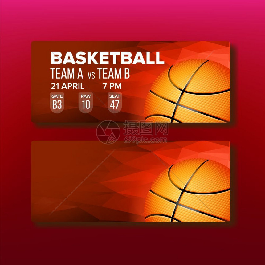 在篮球游戏模板矢量上的红优惠券现代光亮的参观国际篮球比赛票橙色球黑条门生和座位现实的3d插图在篮球游戏模板矢量上的红优惠券图片