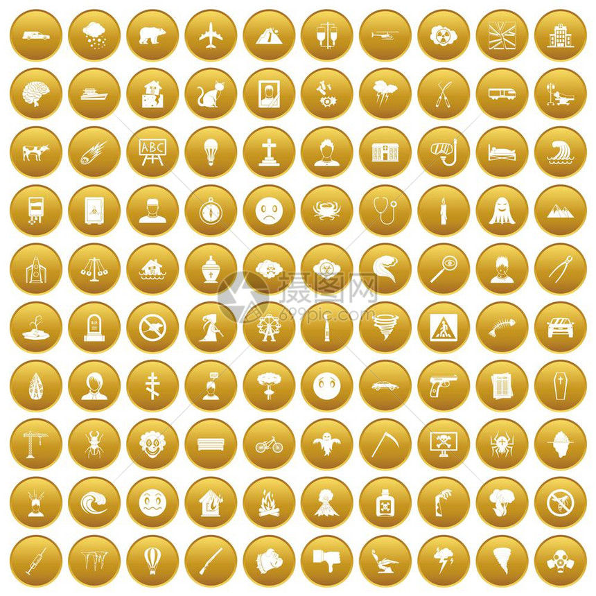 10个恐惧症图标组在金圆上的10个恐惧症图标这些在白色插上被孤立10个恐惧症图标组金图片
