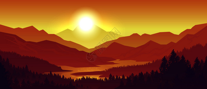 河和日落松林和山丘全景矢量自然背景插画