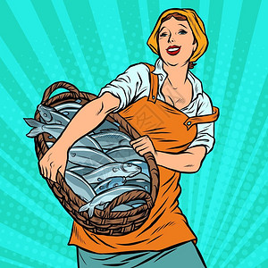 烤银鳕鱼传统手工艺流行术回溯矢量说明古老装具配有鱼篮的女渔夫洋生畜和鳕鱼插画