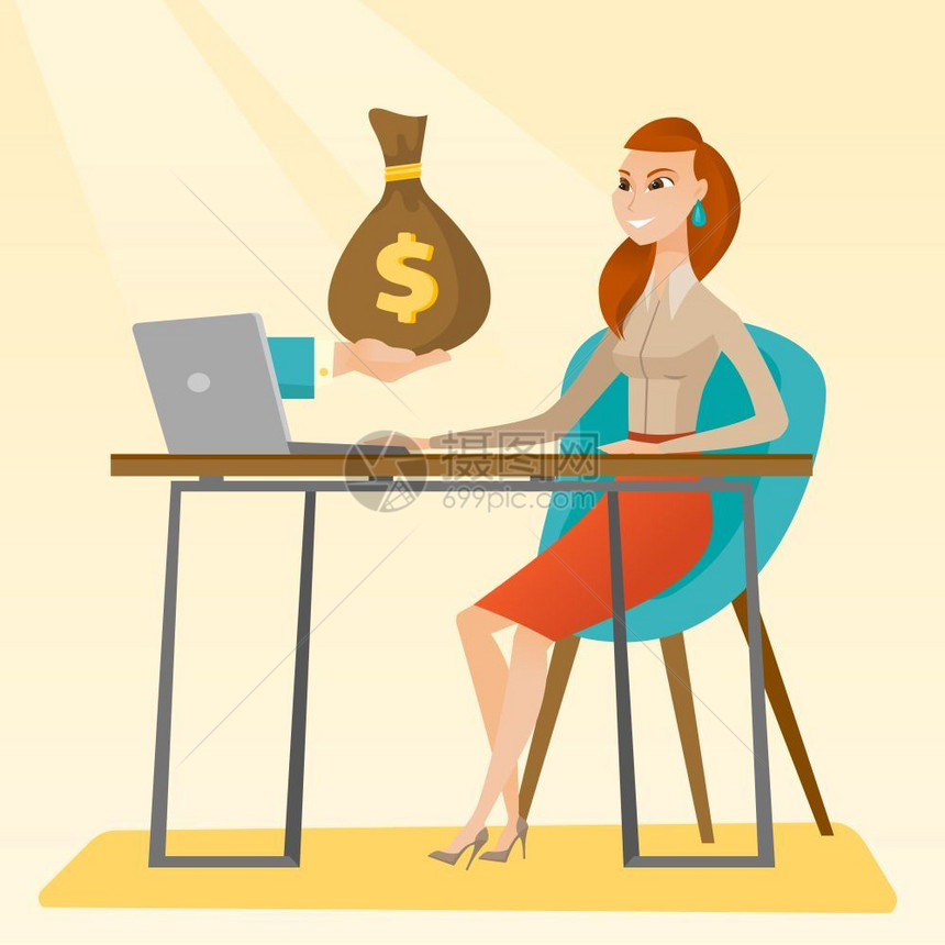 女商人使用电脑从网上挣钱卡通矢量插画图片