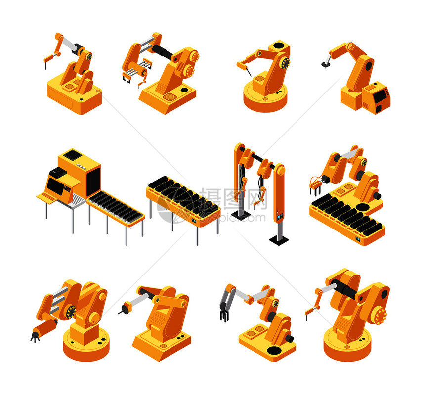 机械器人臂等离子矢量集机械器人和等离子设备用于工厂制造说明业机器人械手臂矢量集图片