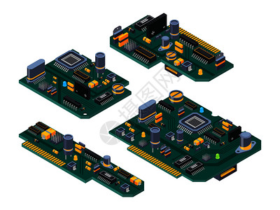 电路主板带有半导体电容器和芯片的不同计算机板母电子路微芯片和半导体矢量说明插画