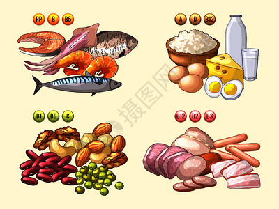 含有不同维生素鱼类和肉有用的维生素营养乳酪和牛奶成分的各类新鲜产品病媒说明含有不同维生素的各类新鲜产品背景图片
