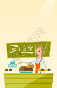 餐厅设计图在面包店工作的妇女矢量板设计图垂直布局站在面包店柜台后的工人站在柜台后面的工人插画