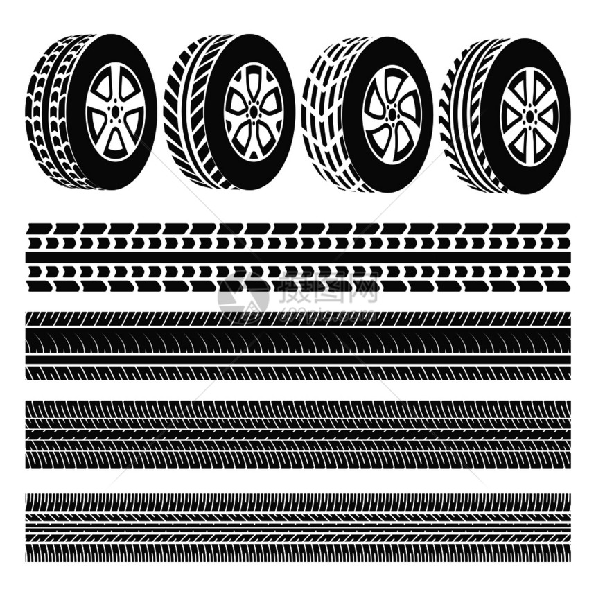 白色背景轮胎车间轨迹组矢量图图片