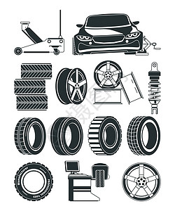 轮胎服务符号车轮和汽的单色图示汽车维修轮胎站硫化病媒图片